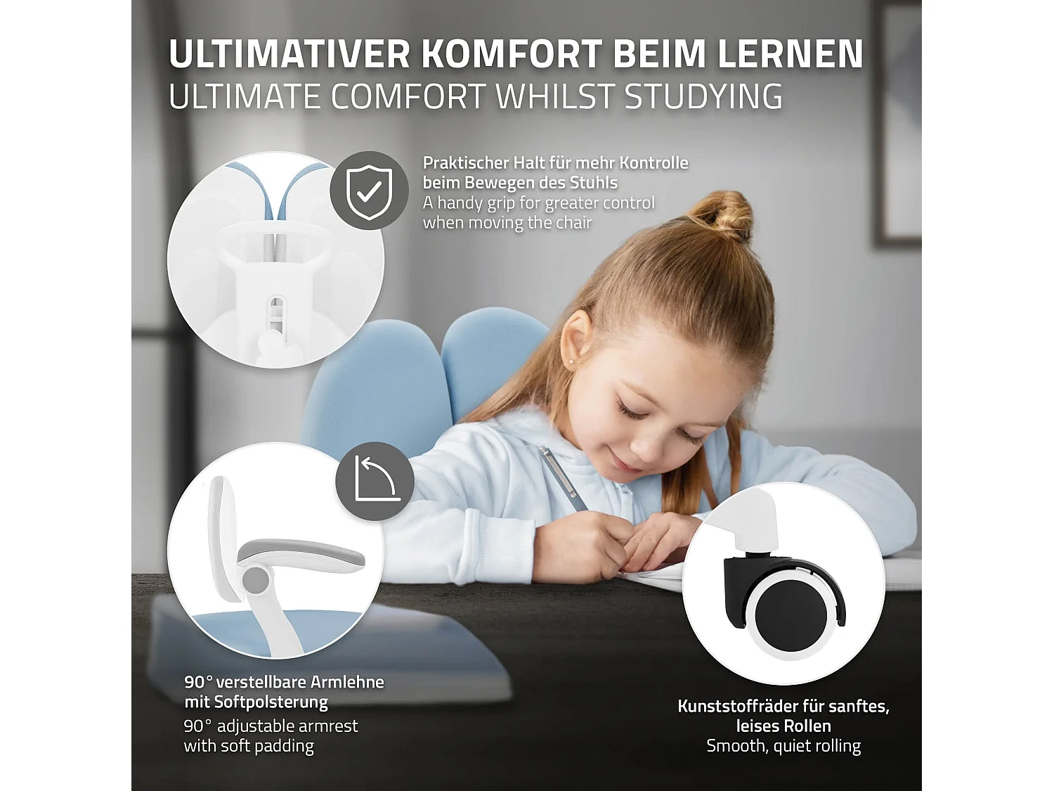 Chaise de bureau enfant 95-107 cm bleu avec dossier et repose-pieds siége d'étude ergonomique pivotant 360° hauteur réglable accoudoirs rabattables