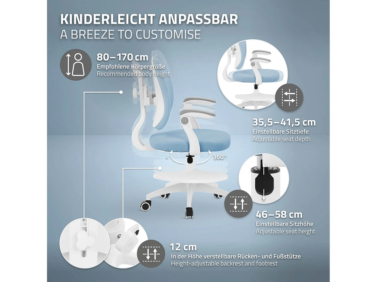Chaise de bureau enfant 95-107 cm bleu avec dossier et repose-pieds siége d'étude ergonomique pivotant 360° hauteur réglable accoudoirs rabattables
