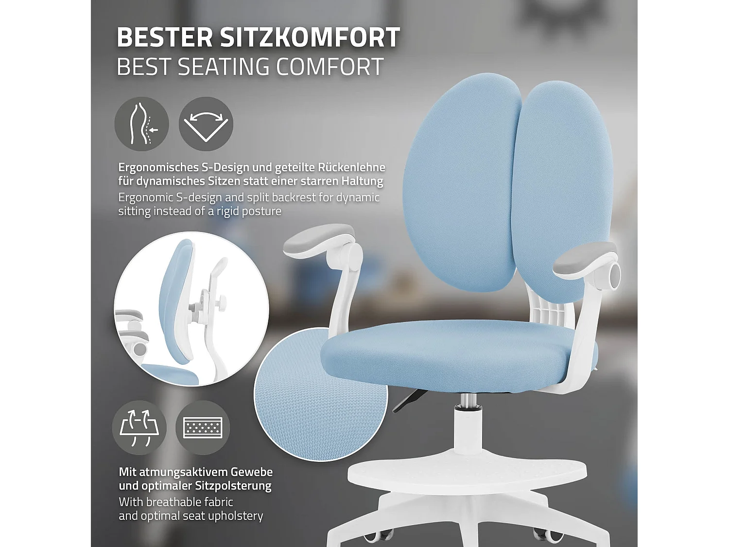 Chaise de bureau enfant 95-107 cm bleu avec dossier et repose-pieds siége d'étude ergonomique pivotant 360° hauteur réglable accoudoirs rabattables