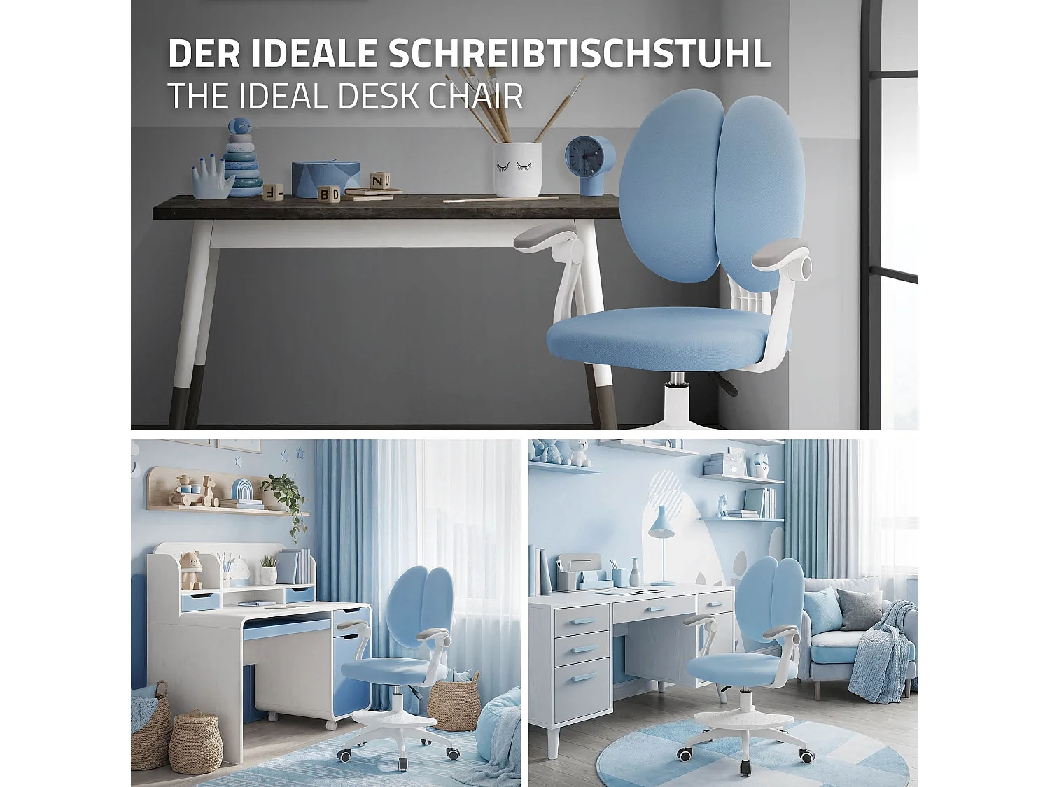Chaise de bureau enfant 95-107 cm bleu avec dossier et repose-pieds siége d'étude ergonomique pivotant 360° hauteur réglable accoudoirs rabattables