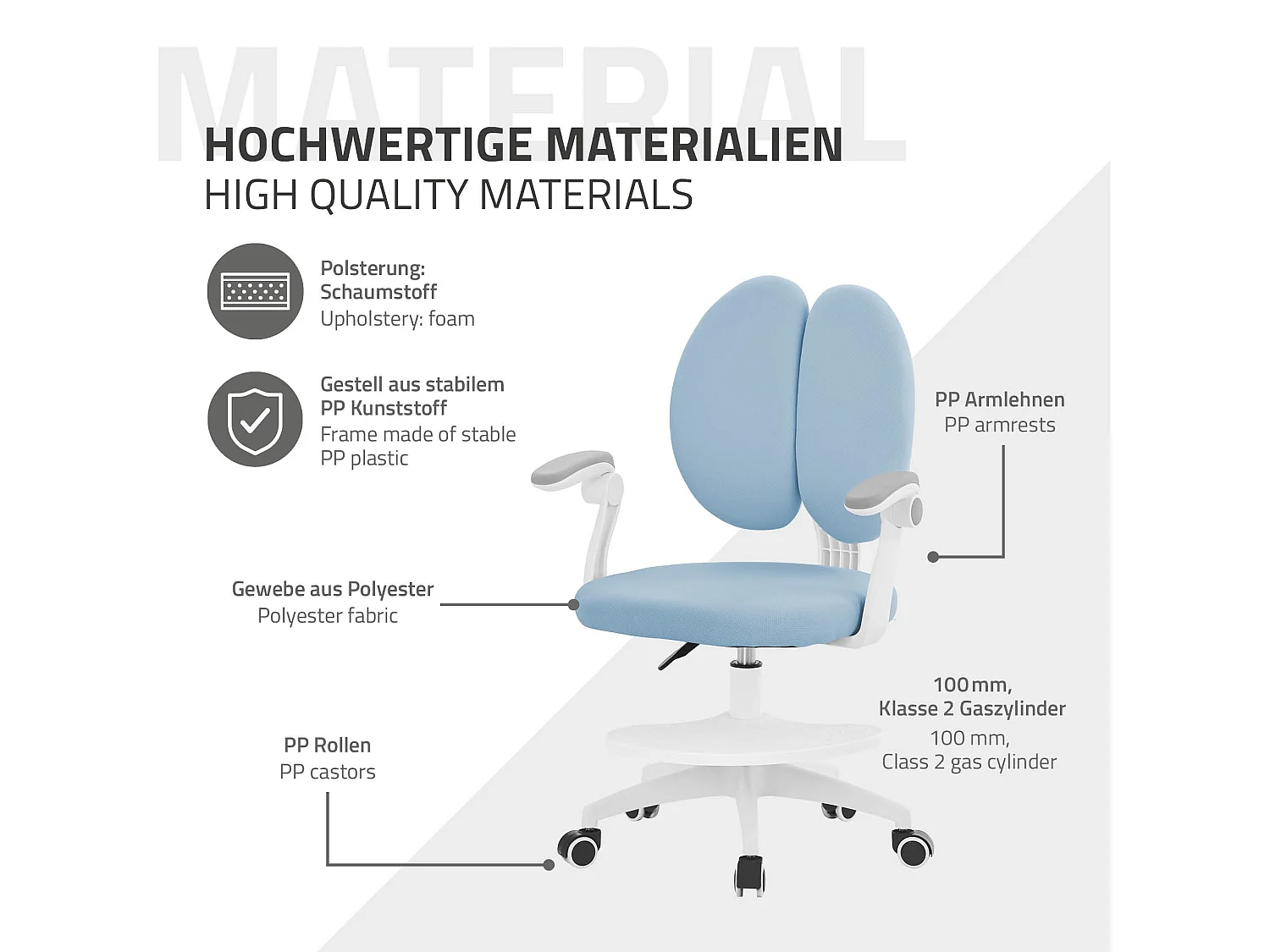 Chaise de bureau enfant 95-107 cm bleu avec dossier et repose-pieds siége d'étude ergonomique pivotant 360° hauteur réglable accoudoirs rabattables