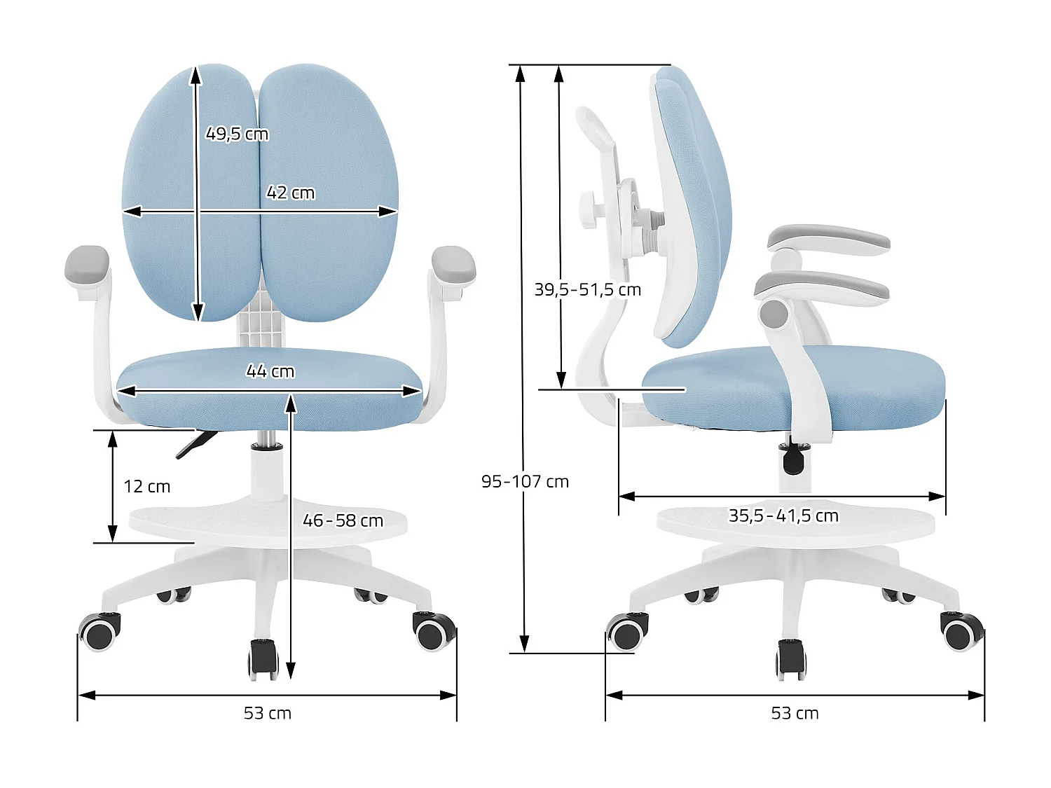 Chaise de bureau enfant 95-107 cm bleu avec dossier et repose-pieds siége d'étude ergonomique pivotant 360° hauteur réglable accoudoirs rabattables
