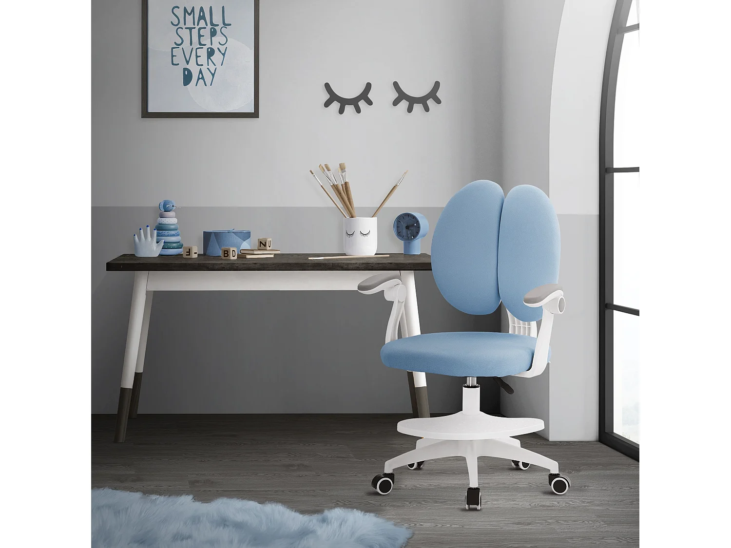 Chaise de bureau enfant 95-107 cm bleu avec dossier et repose-pieds siége d'étude ergonomique pivotant 360° hauteur réglable accoudoirs rabattables
