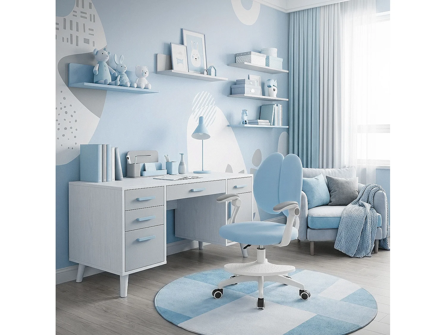 Chaise de bureau enfant 95-107 cm bleu avec dossier et repose-pieds siége d'étude ergonomique pivotant 360° hauteur réglable accoudoirs rabattables