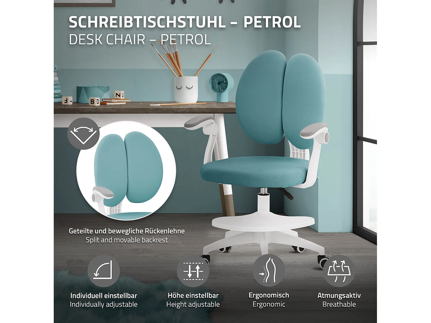 Chaise de bureau enfant 95-107 cm pétrole avec dossier et repose-pieds siége d'étude ergonomique pivotant 360° hauteur réglable accoudoirs rabattables