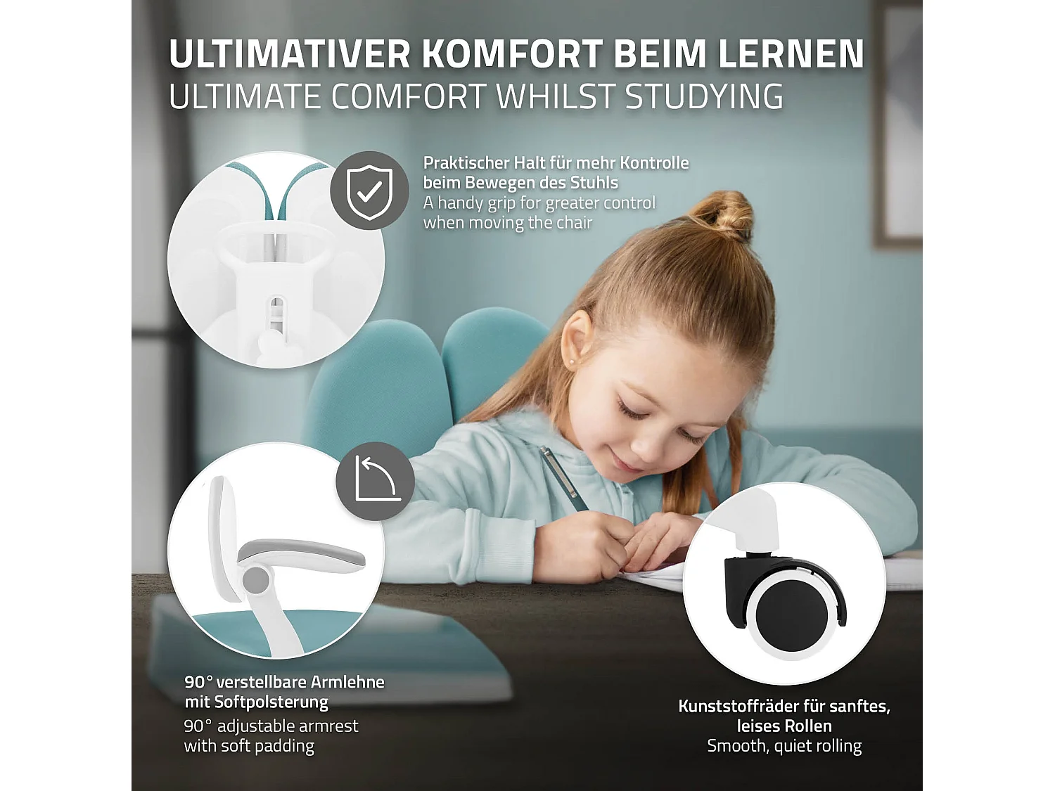 Chaise de bureau enfant 95-107 cm pétrole avec dossier et repose-pieds siége d'étude ergonomique pivotant 360° hauteur réglable accoudoirs rabattables
