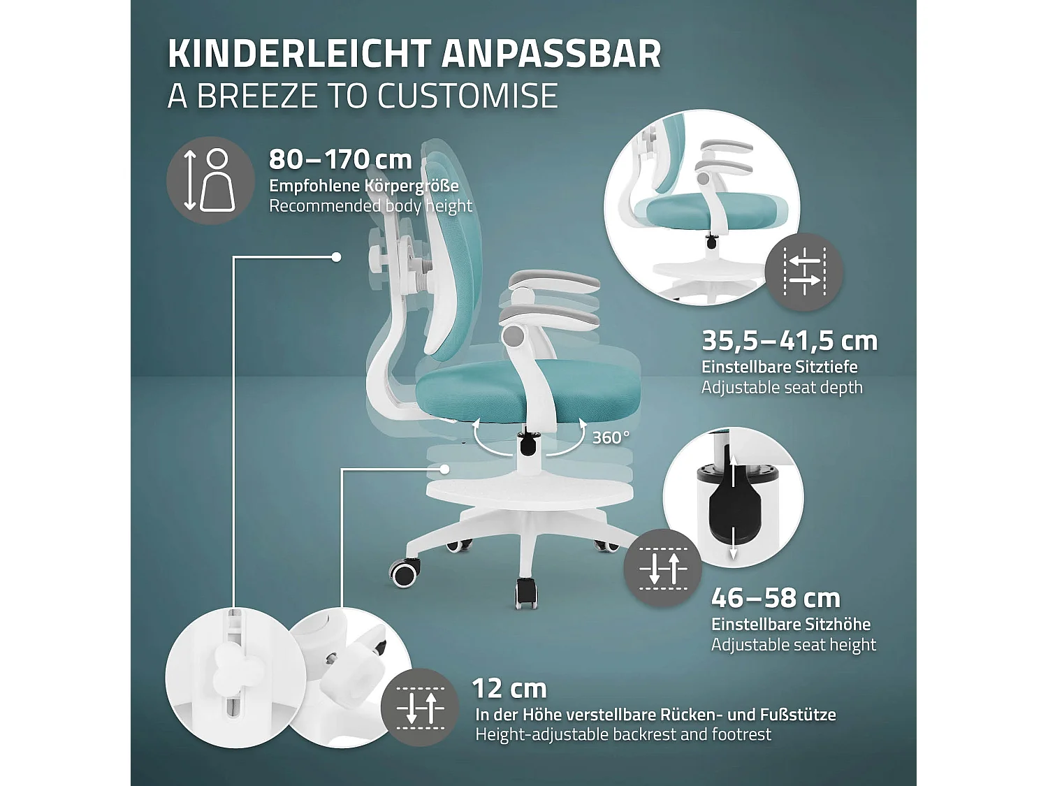 Chaise de bureau enfant 95-107 cm pétrole avec dossier et repose-pieds siége d'étude ergonomique pivotant 360° hauteur réglable accoudoirs rabattables