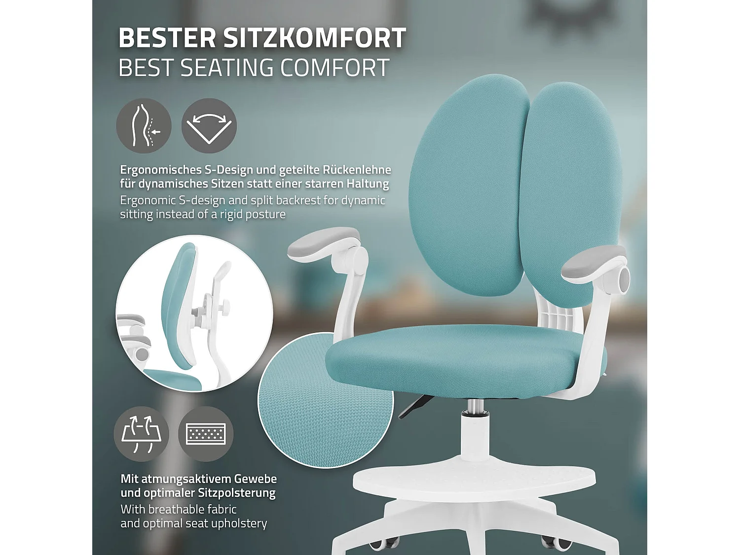 Chaise de bureau enfant 95-107 cm pétrole avec dossier et repose-pieds siége d'étude ergonomique pivotant 360° hauteur réglable accoudoirs rabattables