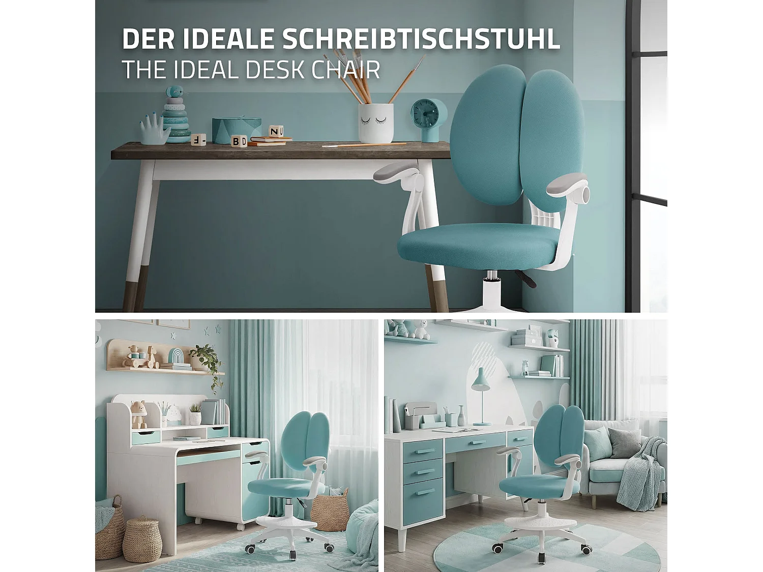 Chaise de bureau enfant 95-107 cm pétrole avec dossier et repose-pieds siége d'étude ergonomique pivotant 360° hauteur réglable accoudoirs rabattables