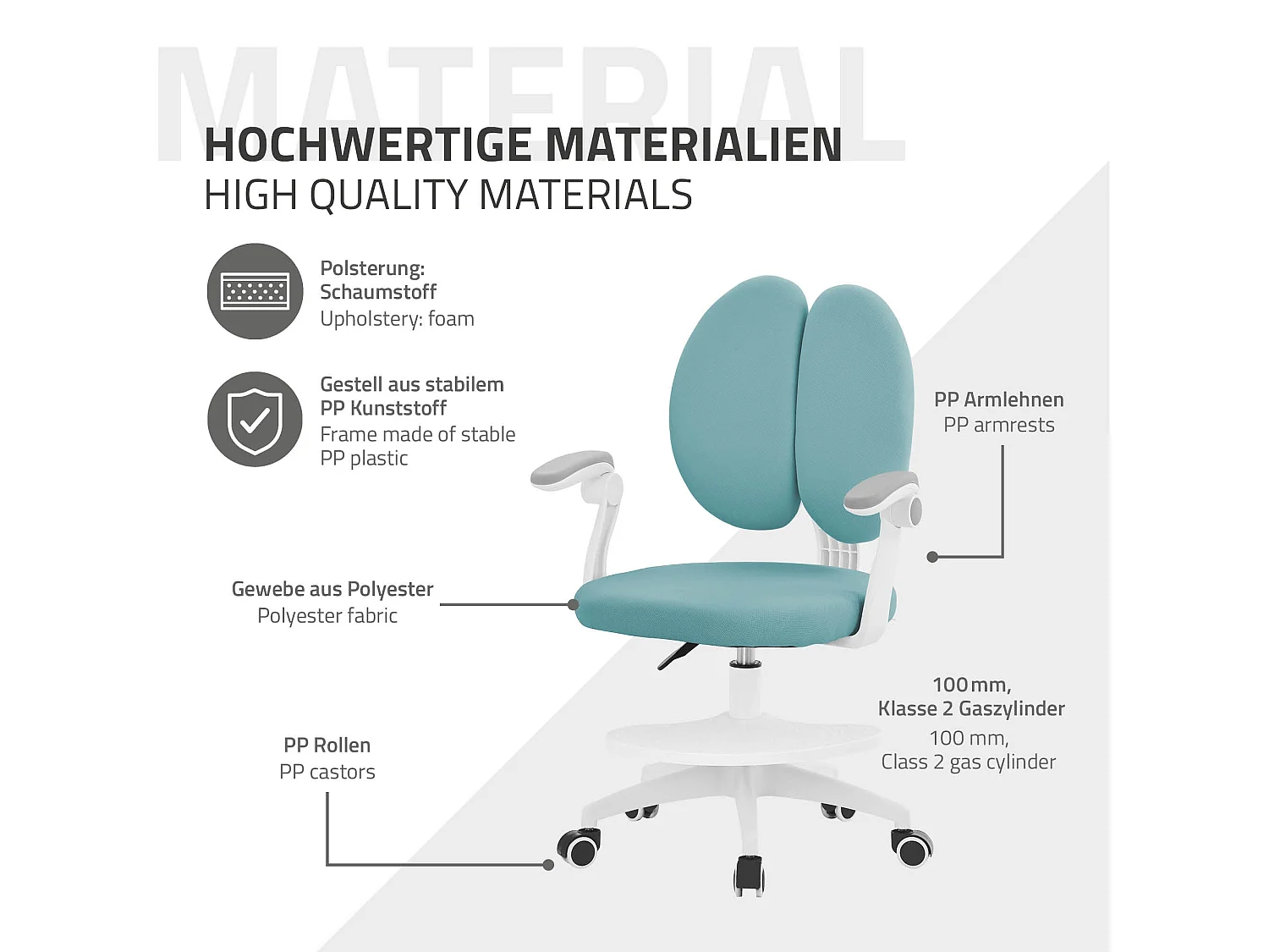 Chaise de bureau enfant 95-107 cm pétrole avec dossier et repose-pieds siége d'étude ergonomique pivotant 360° hauteur réglable accoudoirs rabattables