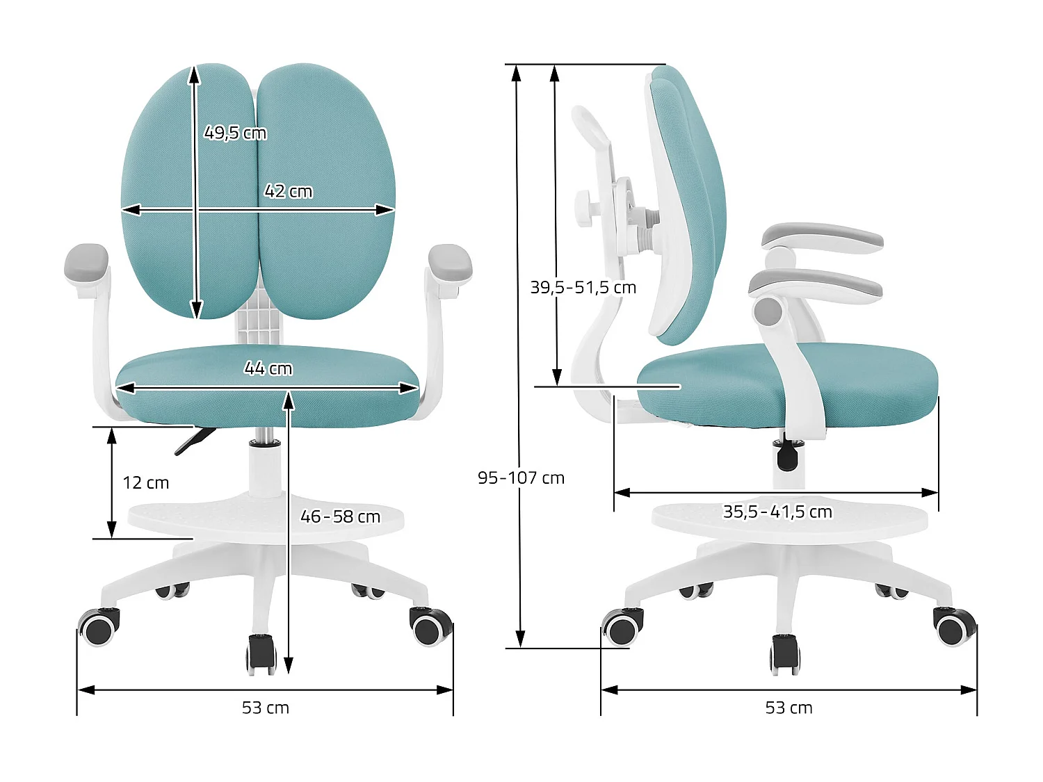 Chaise de bureau enfant 95-107 cm pétrole avec dossier et repose-pieds siége d'étude ergonomique pivotant 360° hauteur réglable accoudoirs rabattables