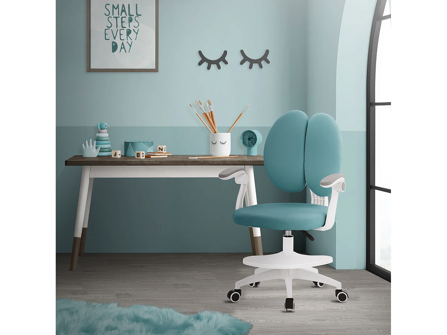 Chaise de bureau enfant 95-107 cm pétrole avec dossier et repose-pieds siége d'étude ergonomique pivotant 360° hauteur réglable accoudoirs rabattables