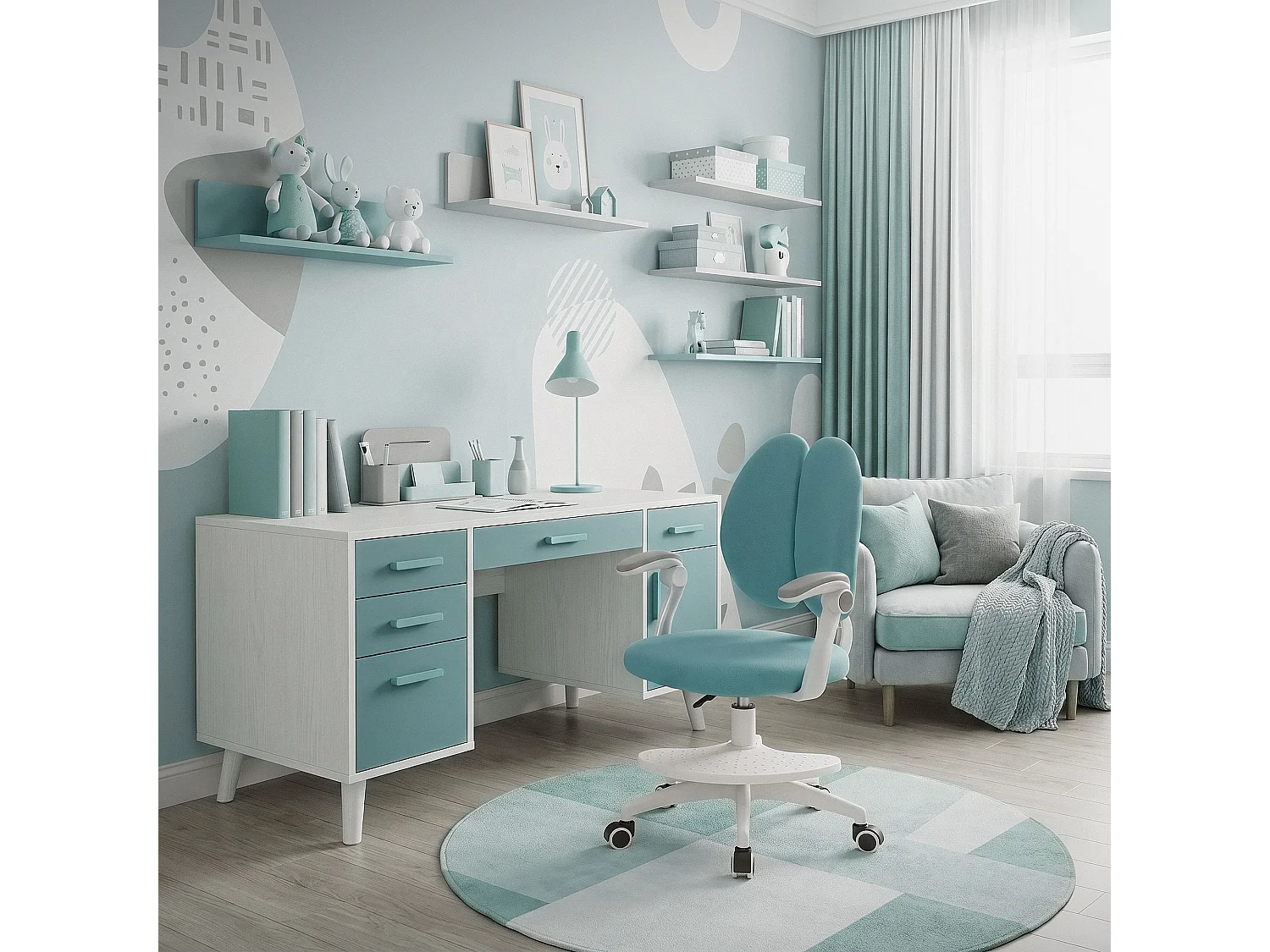 Chaise de bureau enfant 95-107 cm pétrole avec dossier et repose-pieds siége d'étude ergonomique pivotant 360° hauteur réglable accoudoirs rabattables