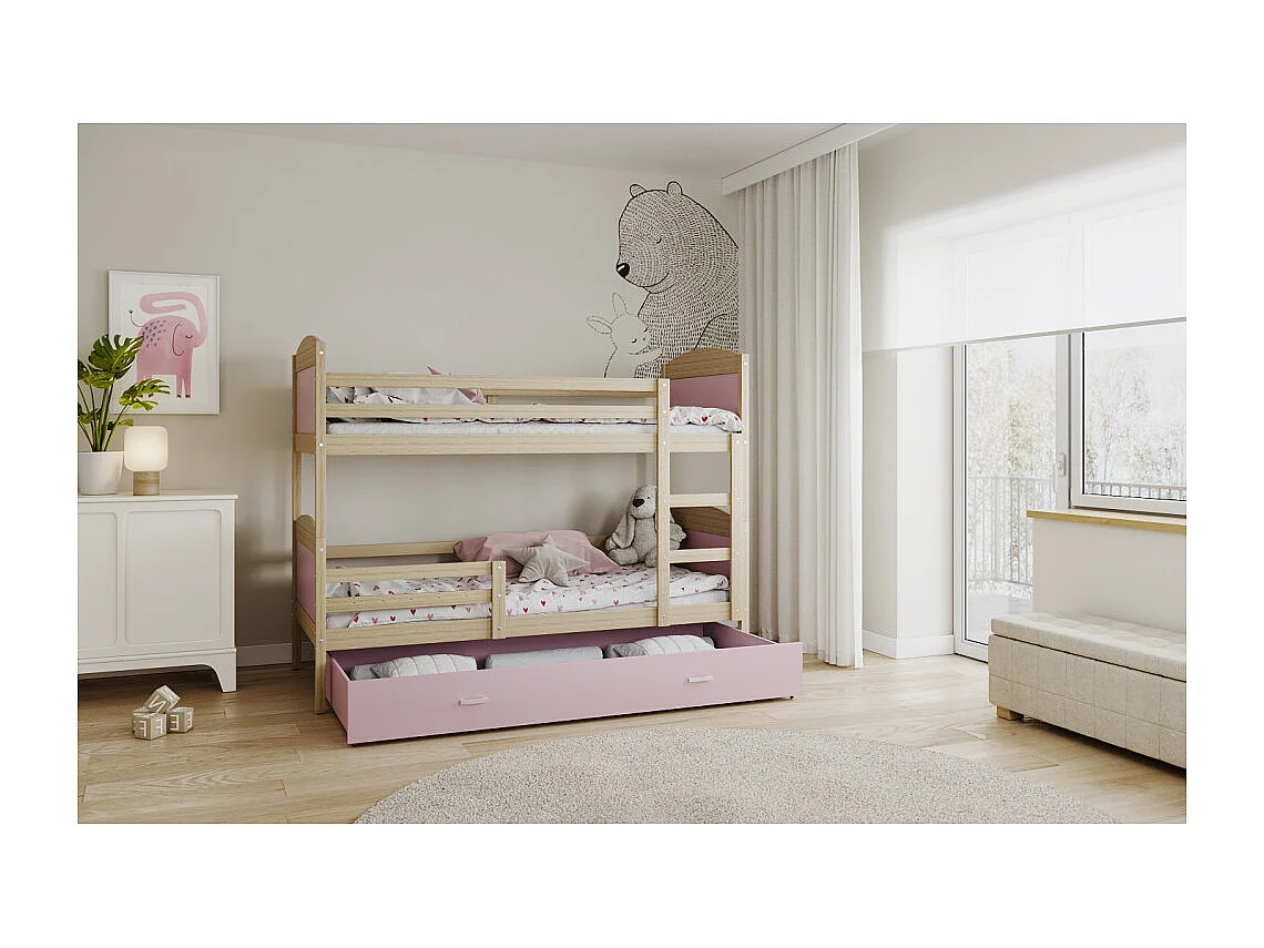 Lit Superposé  Matys 90x190 tiroir Pin - rose