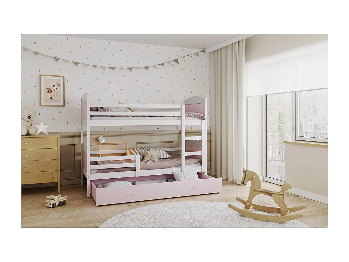 Lit Superposé  Matys 90x190 tiroir Blanc - rose