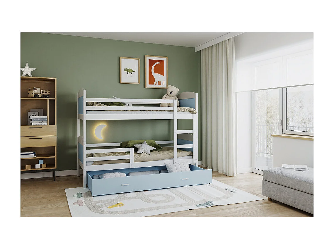 Lit Superposé  Matys 90x190 tiroir Blanc - bleu