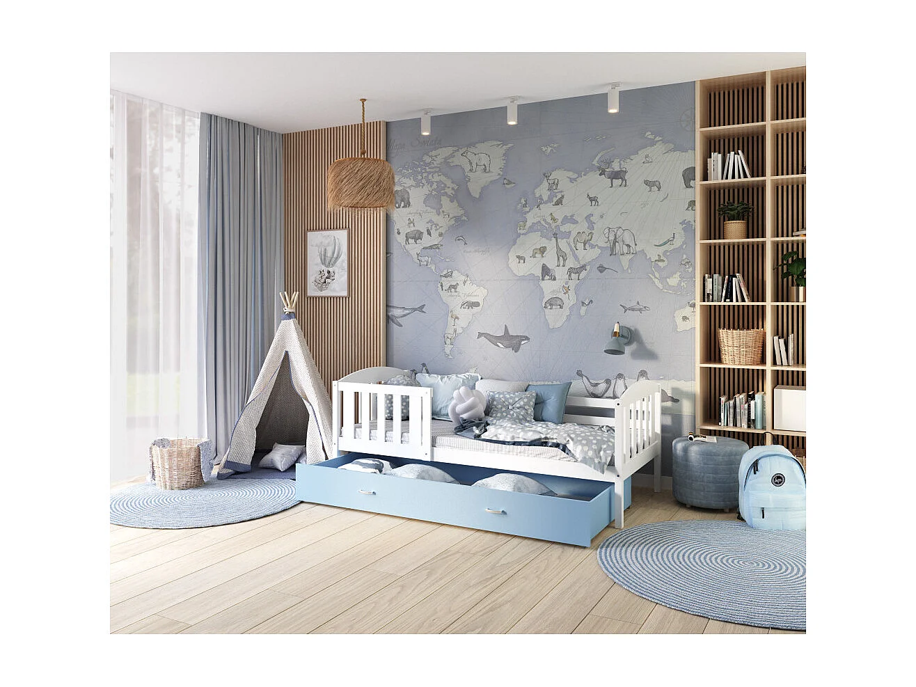 Lit Enfant Nilo 90x190 tiroir Blanc - bleu
