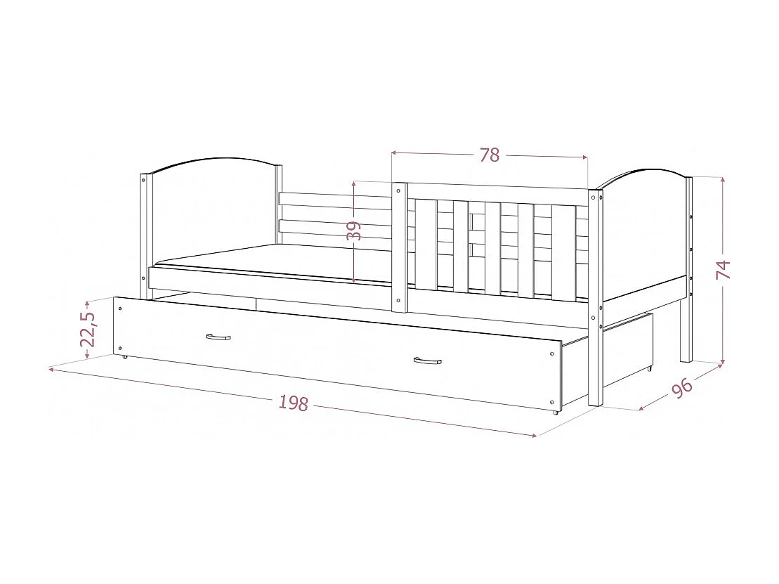 Lit Enfant Timo 90x190 tiroir Pin - rose