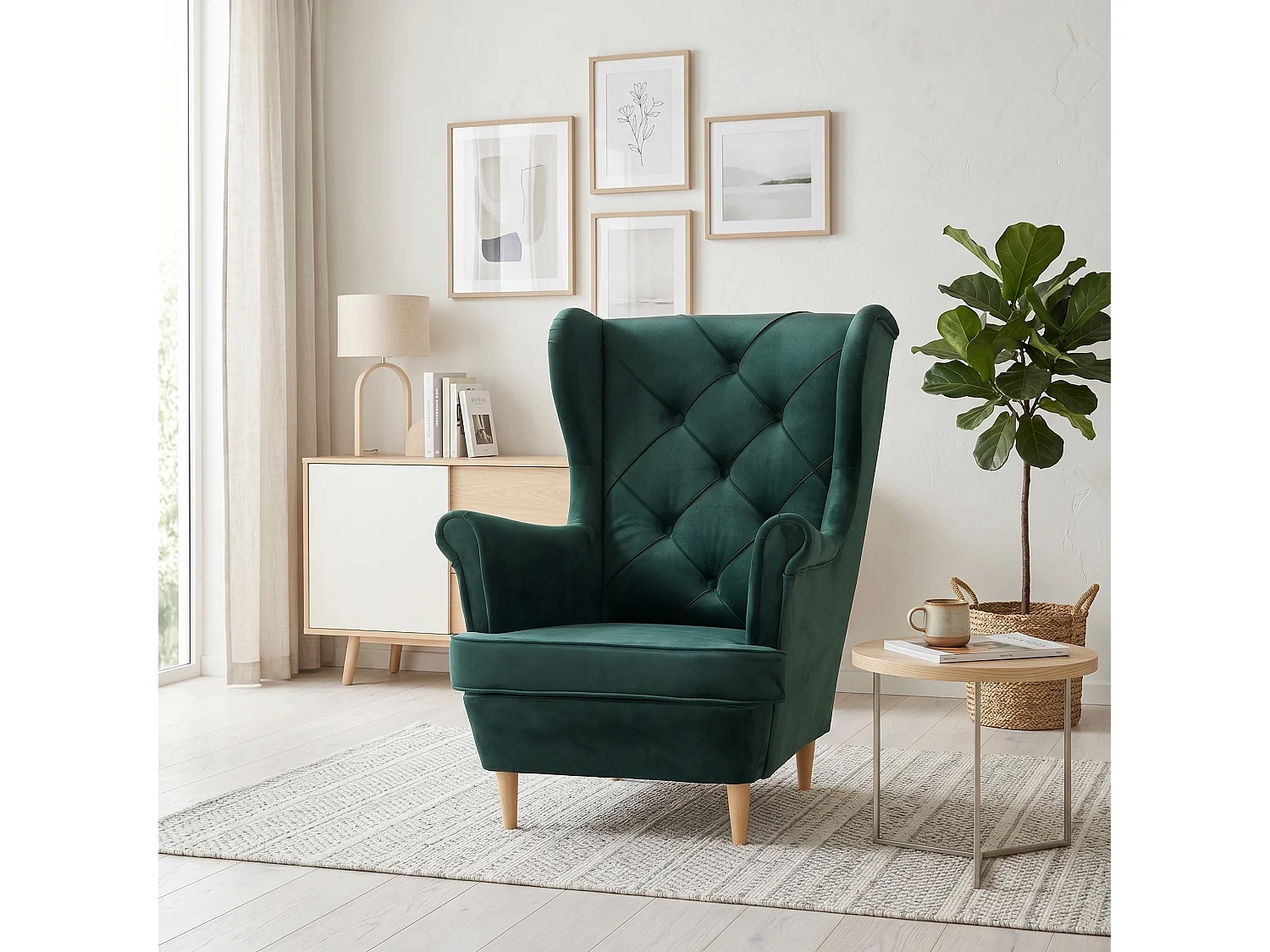 Fauteuil à oreilles YORK – fauteuil de détente élégant en tissu MONOLITH 37 vert bouteille