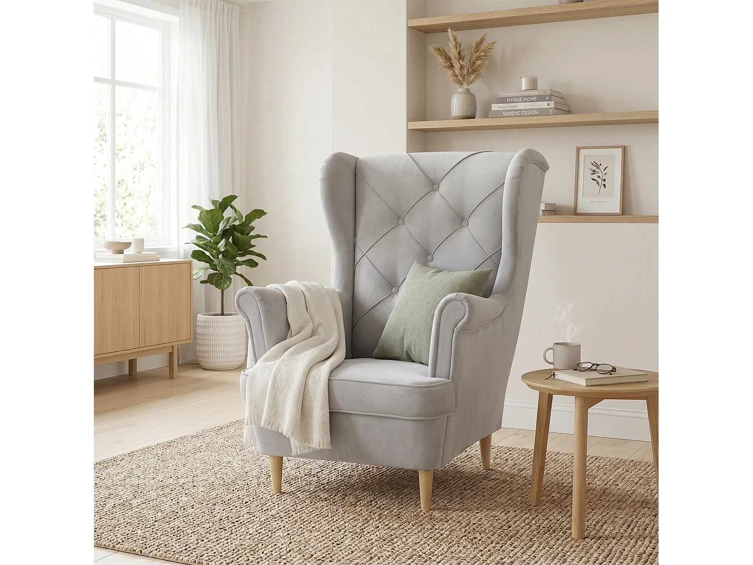 Fauteuil à oreilles YORK – fauteuil de détente élégant en tissu MONOLITH 84 gris clair