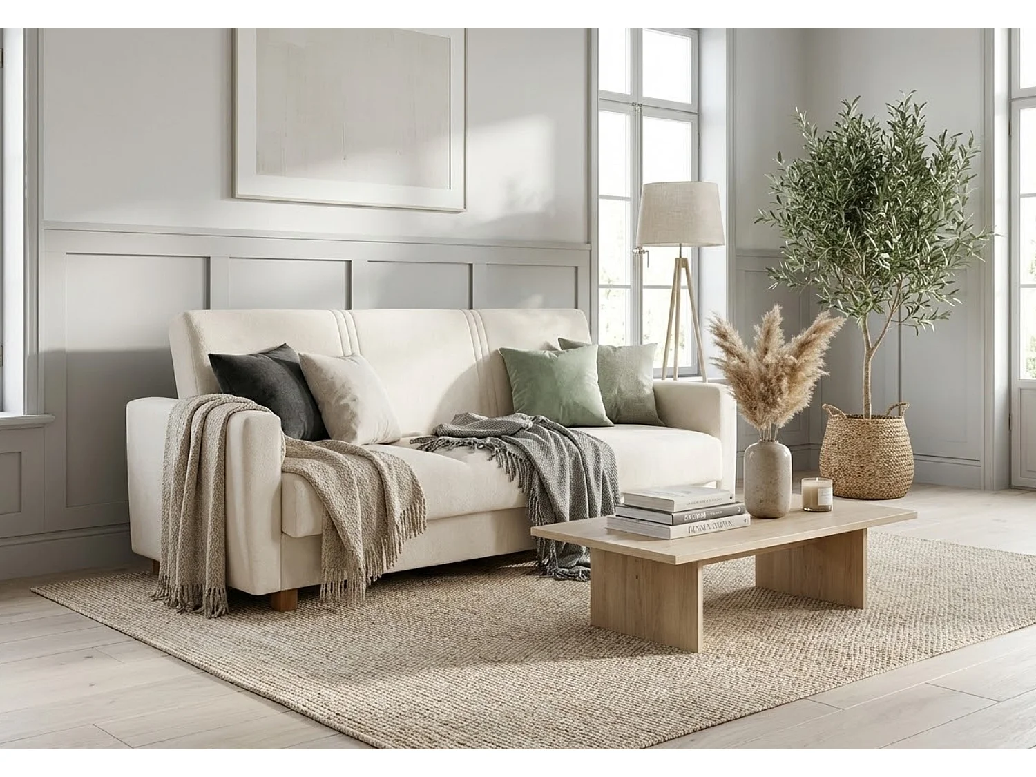 Canapé-lit HAVEN 210 cm – élégant canapé convertible avec coffre de rangement pour literie, blanc