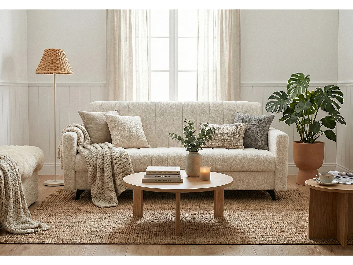 Canapé-lit LAMBO 210 cm avec coutures verticales – canapé convertible avec coffre de rangement pour literie, blanc