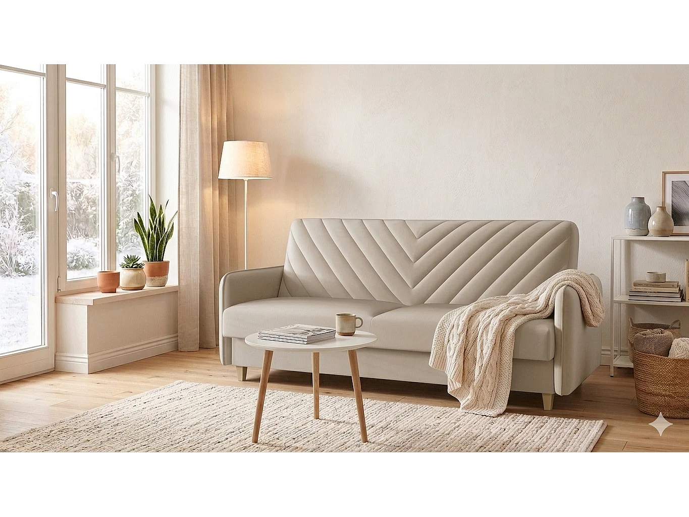 Canapé-lit MODENA 210 cm – élégant canapé convertible avec coffre de rangement et coutures décoratives en V, beige