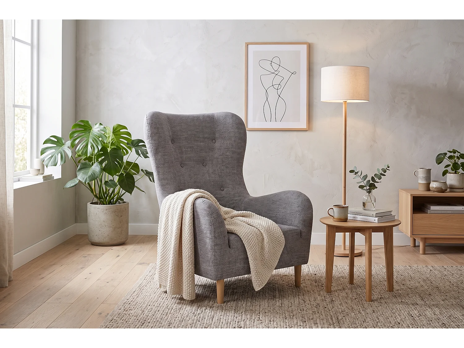 Fauteuil à oreilles BENETTO – fauteuil de détente élégant en tissu TWIST 19 gris