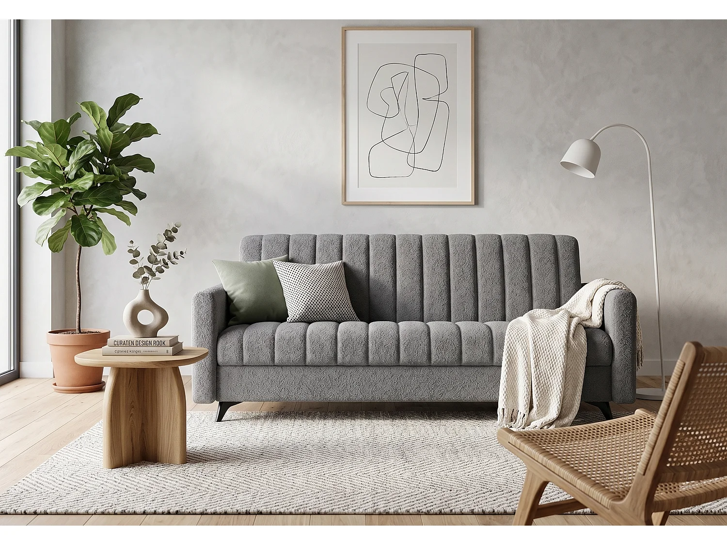 Canapé-lit LAMBO 210 cm avec coutures verticales – canapé convertible avec coffre de rangement pour literie, gris