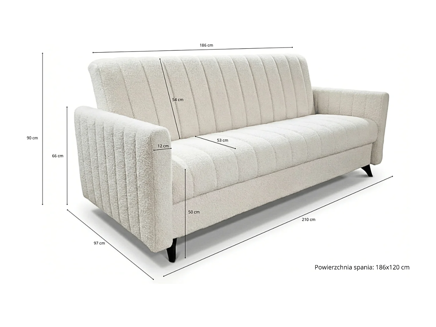 Canapé-lit LAMBO 210 cm avec coutures verticales – canapé convertible avec coffre de rangement pour literie, gris