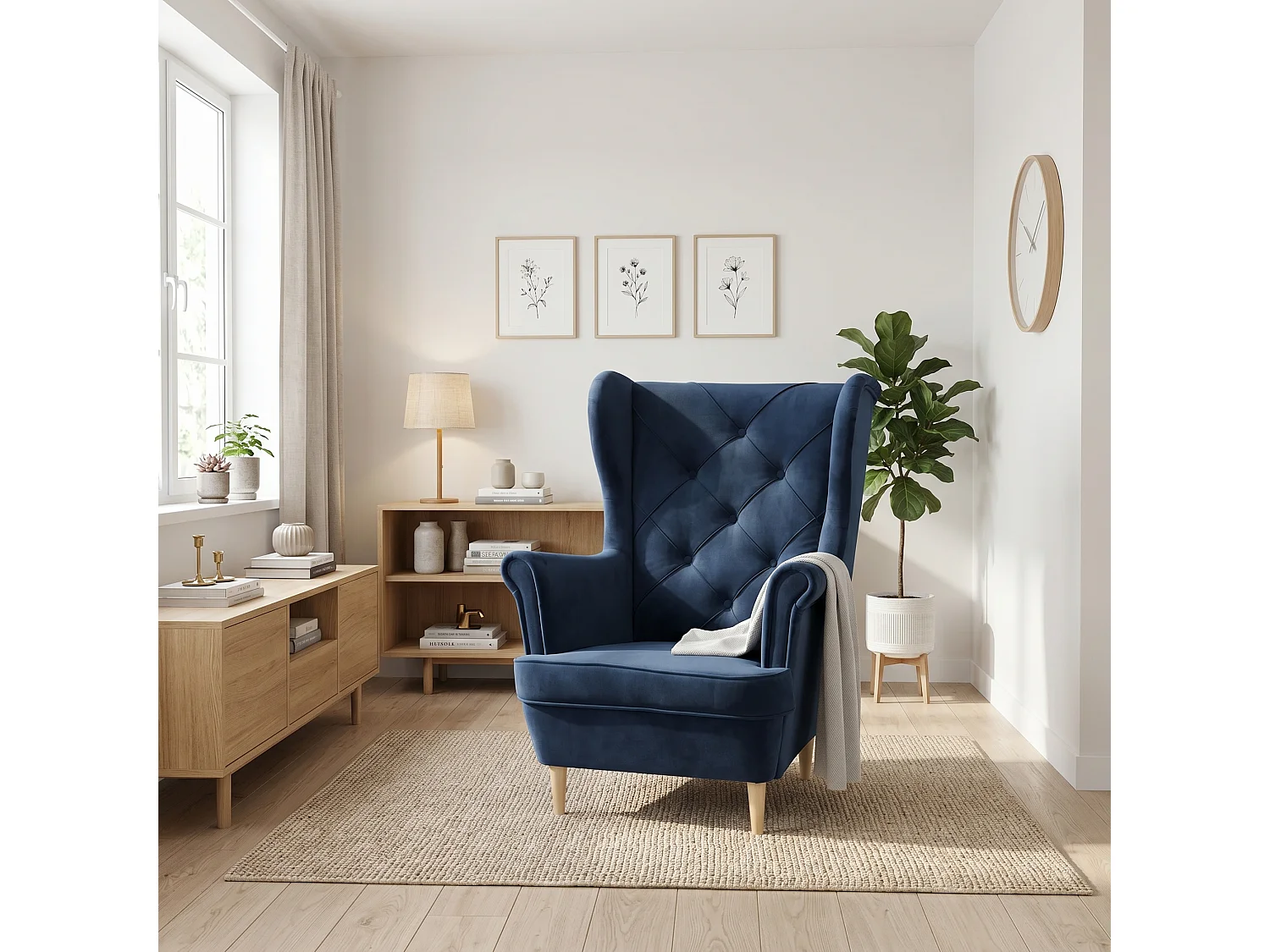 Fauteuil à oreilles YORK – fauteuil de détente élégant en tissu MONOLITH 77 bleu marine
