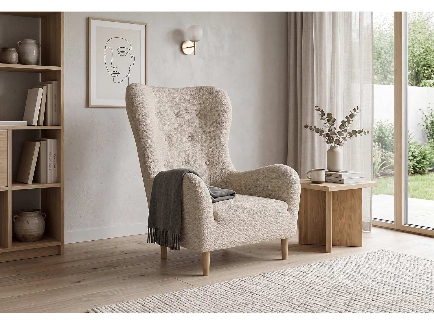 Fauteuil à oreilles BENETTO – fauteuil de détente élégant en tissu TWIST 19 beige