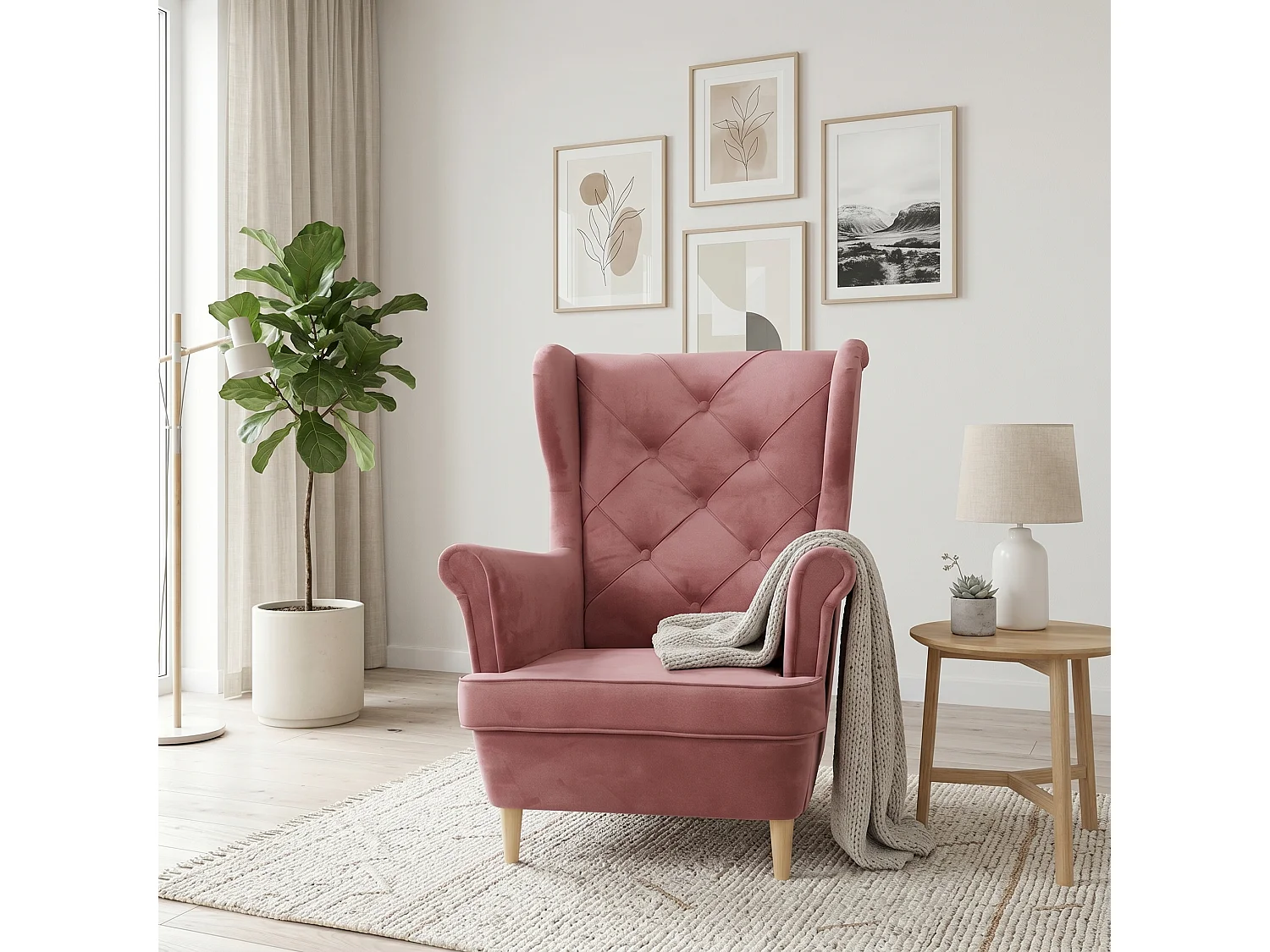 Fauteuil à oreilles YORK – fauteuil de détente élégant en tissu MONOLITH 63 rose