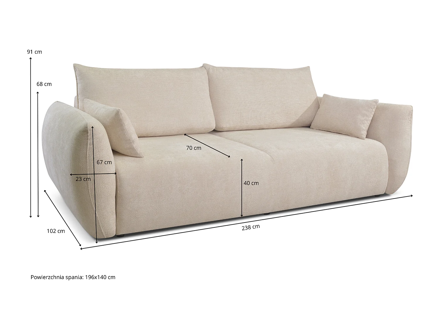 Canapé convertible ZEPHIRA 238 cm – canapé confortable avec coffre de rangement et surface de couchage 196 × 140 cm, beige
