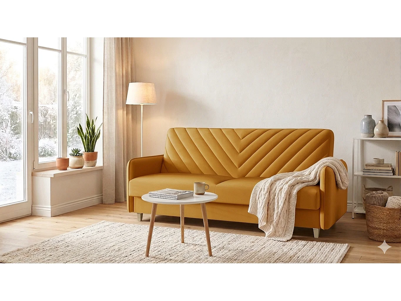 Canapé-lit MODENA 210 cm – élégant canapé convertible avec coffre de rangement et coutures décoratives en V, moutarde