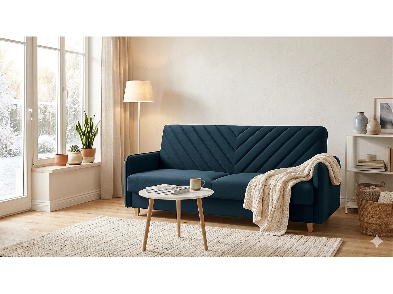 Canapé-lit MODENA 210 cm – élégant canapé convertible avec coffre de rangement et coutures décoratives en V, bleu marine