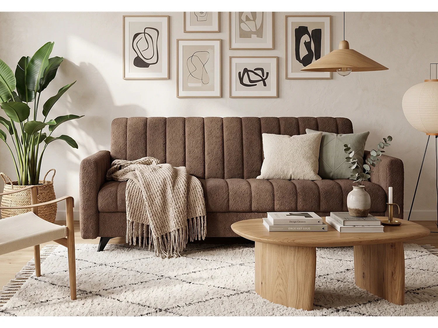 Canapé-lit LAMBO 210 cm avec coutures verticales – canapé convertible avec coffre de rangement pour literie, marron