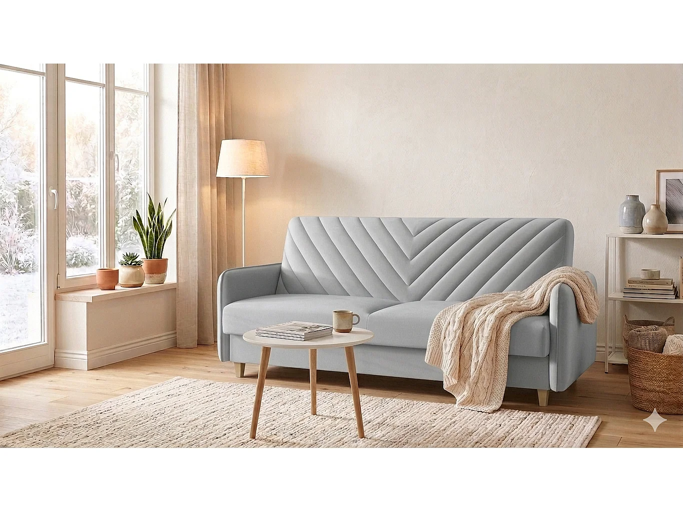 Canapé-lit MODENA 210 cm – élégant canapé convertible avec coffre de rangement et coutures décoratives en V, gris