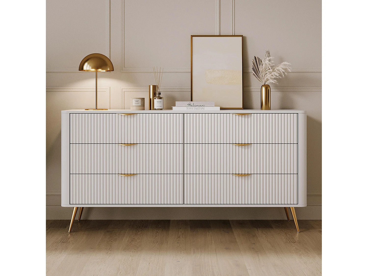 AX LIVING Kommode Weiß mit Schubladen Vespasia 163 6S - 163,2cm breit