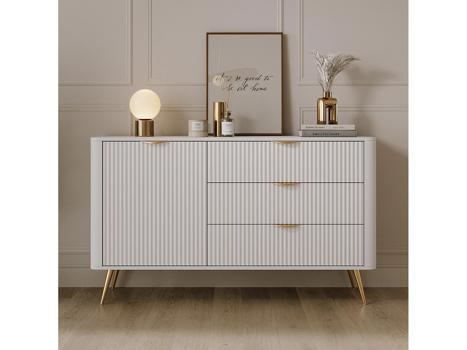 AX LIVING Modern Schubladen Sideboard Vespasia 138 T3S – 138,2cm Weiß