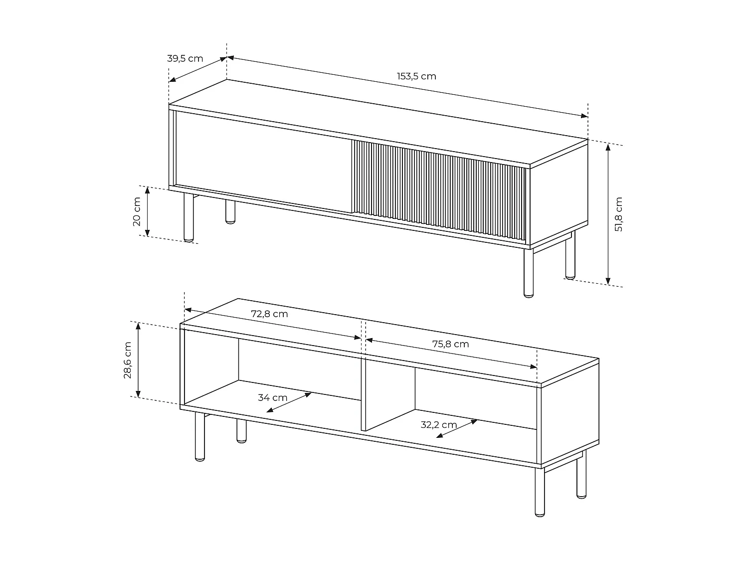 AX LIVING Lowboard Braun Trentinis TV Tisch 153,5cm modern geriffeltes