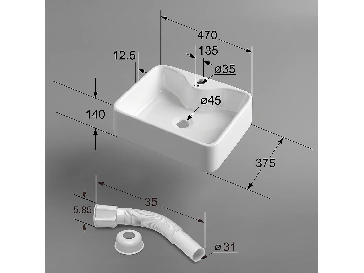 Opzetwastafel Rechthoekig AURA Keramiek 47 cm Wit