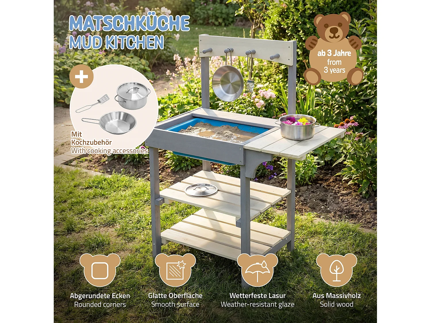 Cuisine d'été pour enfants en bois massif accessoires acier inoxydable et évier amovible station de jeux résistant aux intempéries à partir de 3 ans
