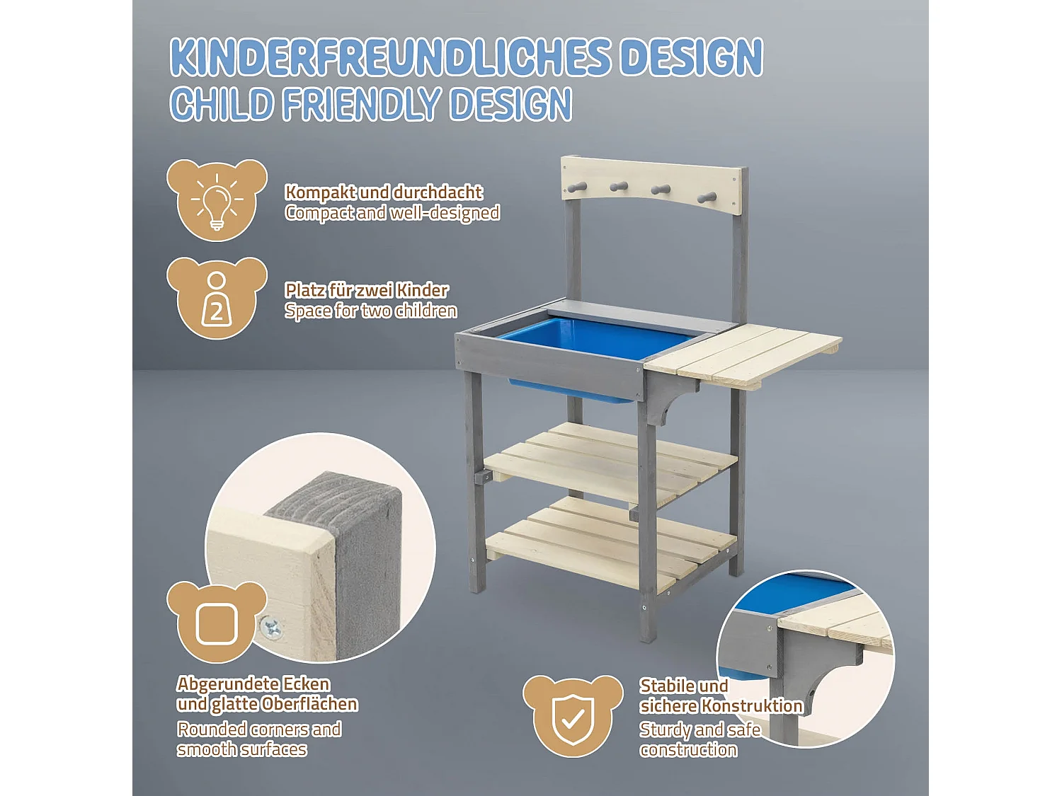 Cuisine d'été pour enfants en bois massif accessoires acier inoxydable et évier amovible station de jeux résistant aux intempéries à partir de 3 ans