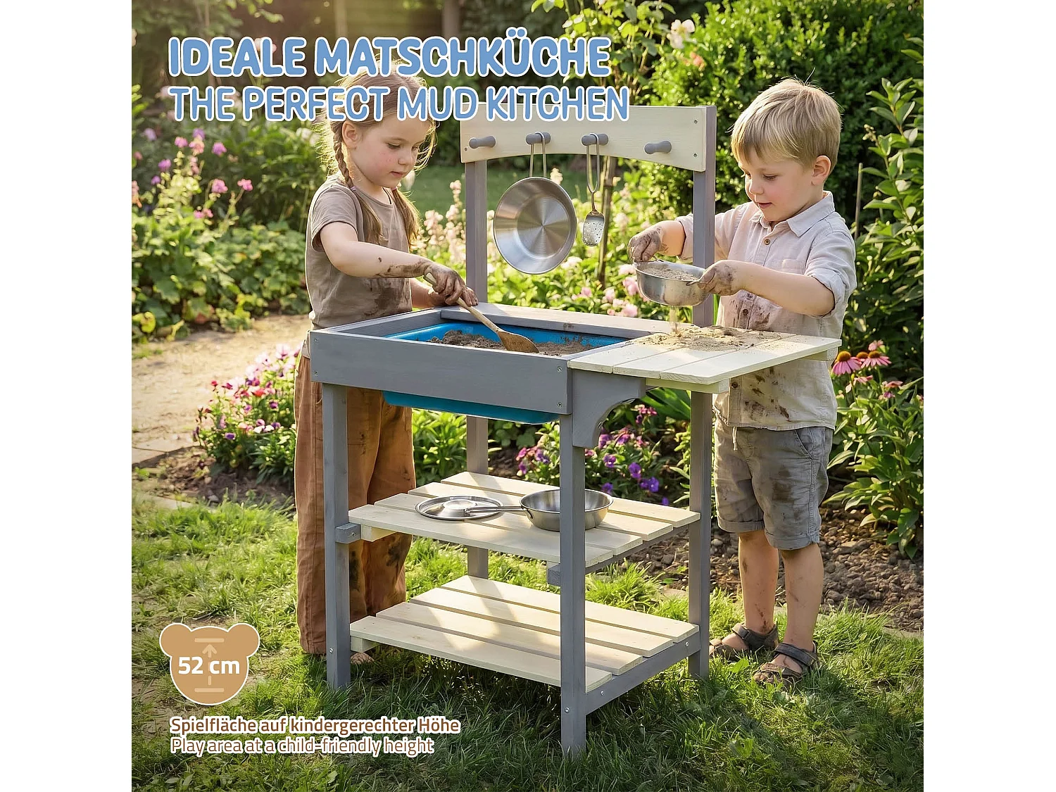 Cuisine d'été pour enfants en bois massif accessoires acier inoxydable et évier amovible station de jeux résistant aux intempéries à partir de 3 ans