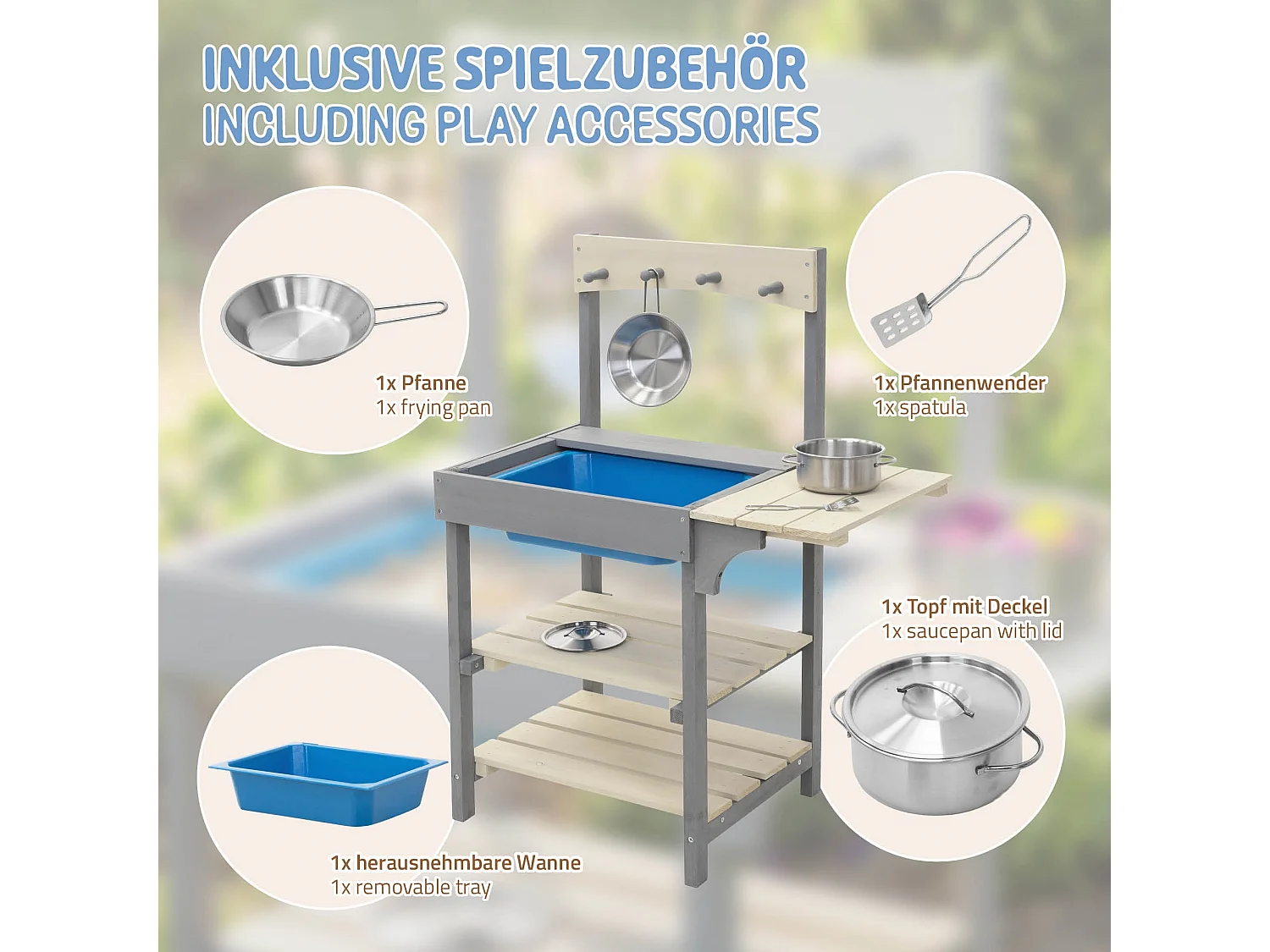 Cuisine d'été pour enfants en bois massif accessoires acier inoxydable et évier amovible station de jeux résistant aux intempéries à partir de 3 ans