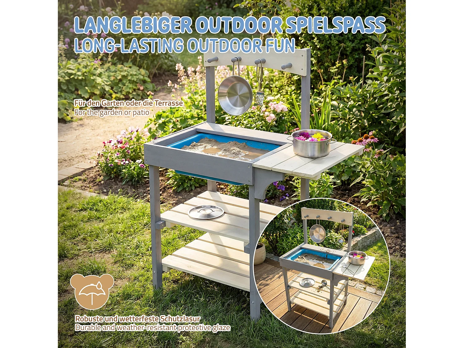 Cuisine d'été pour enfants en bois massif accessoires acier inoxydable et évier amovible station de jeux résistant aux intempéries à partir de 3 ans