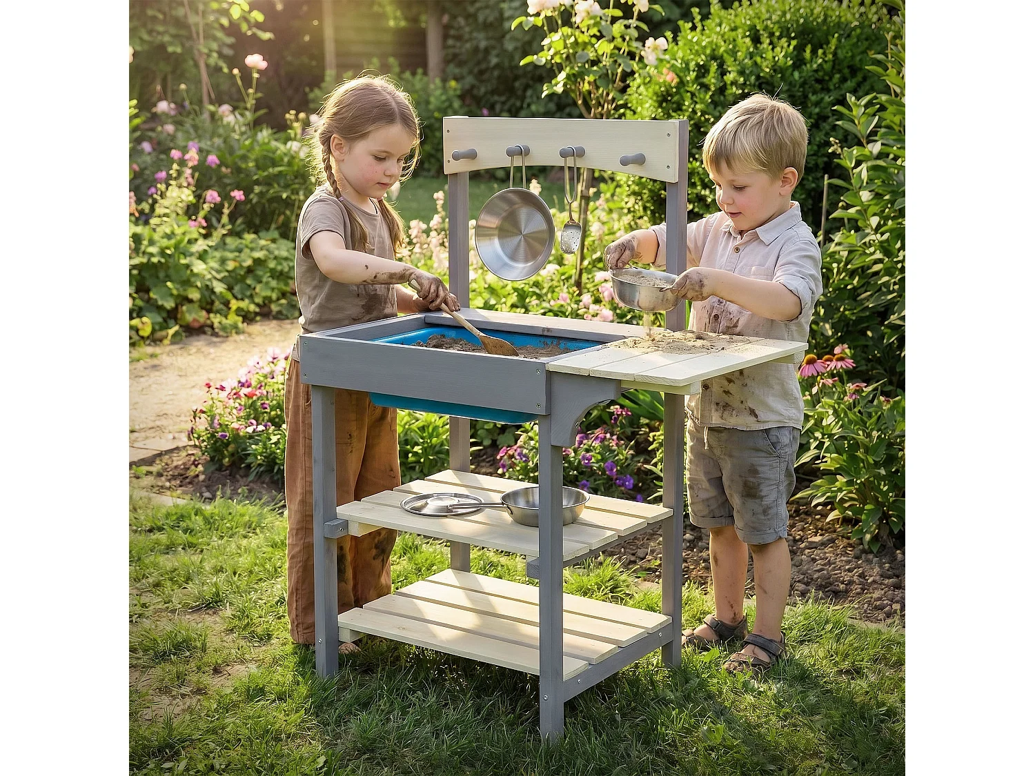 Cuisine d'été pour enfants en bois massif accessoires acier inoxydable et évier amovible station de jeux résistant aux intempéries à partir de 3 ans