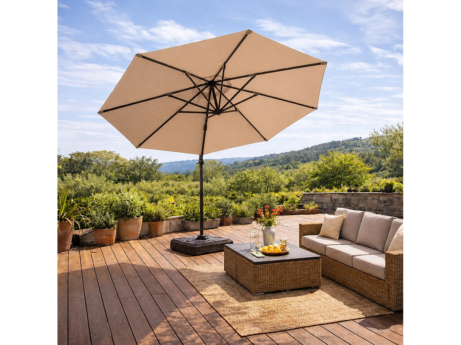 Parasol octogonal Ø 350cm déporté taupe en aluminium CASTILLO