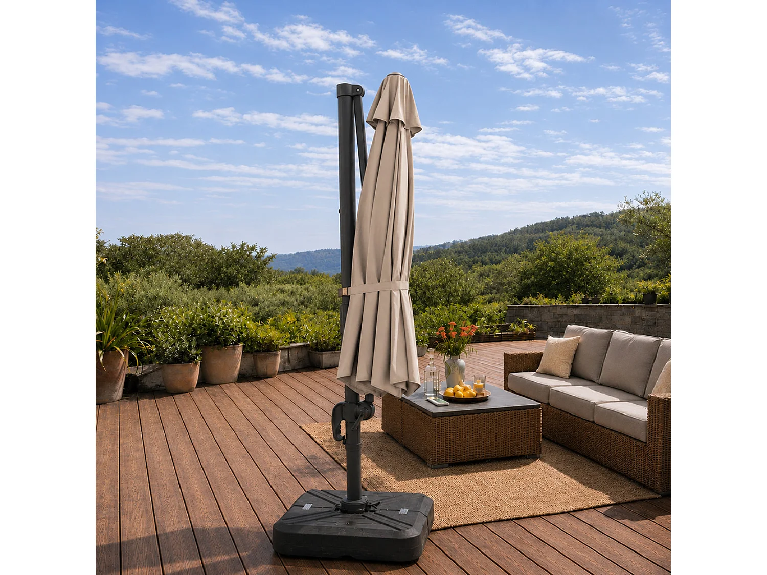 Parasol octogonal Ø 350cm déporté taupe en aluminium CASTILLO